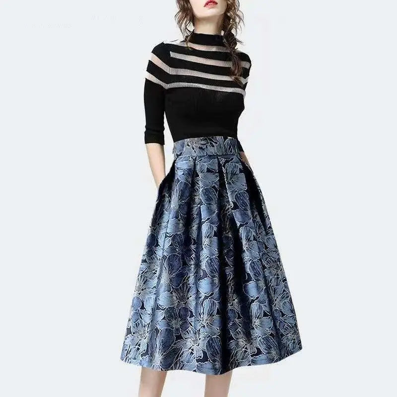 High Waist Slimming Jacquard Floral Midi Skirt