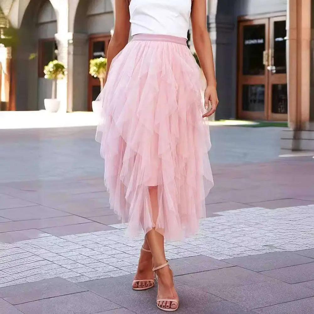 High Waist Tiered Pink Slimming Mesh Skirt