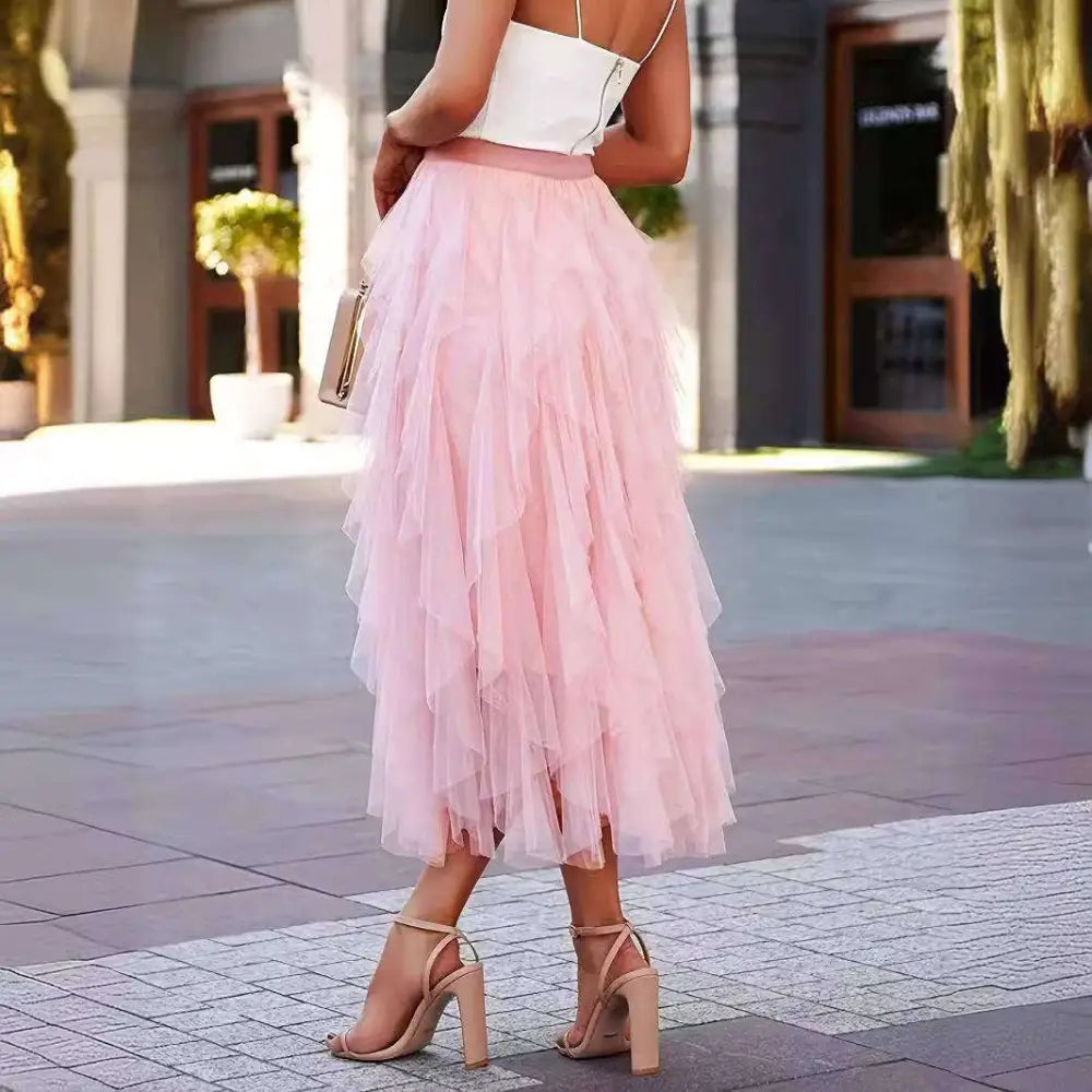 High Waist Tiered Pink Slimming Mesh Skirt