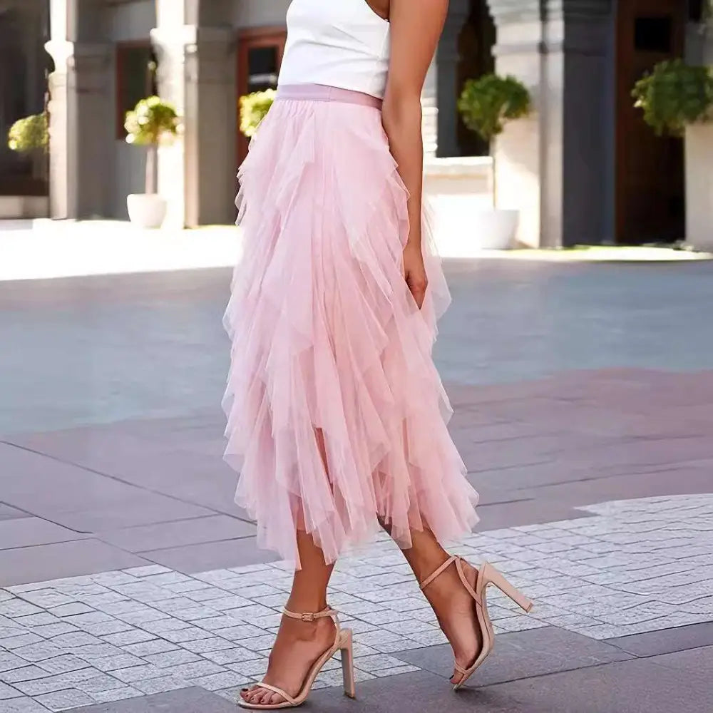 High Waist Tiered Pink Slimming Mesh Skirt