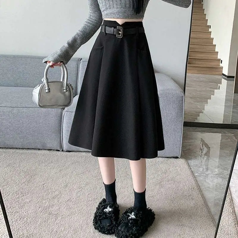 High Waist Woolen Umbrella Skirt with Belt