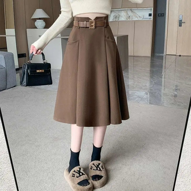 High Waist Woolen Umbrella Skirt with Belt