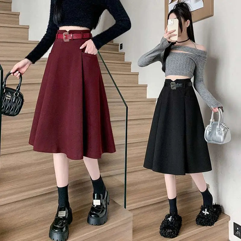 High Waist Woolen Umbrella Skirt with Belt
