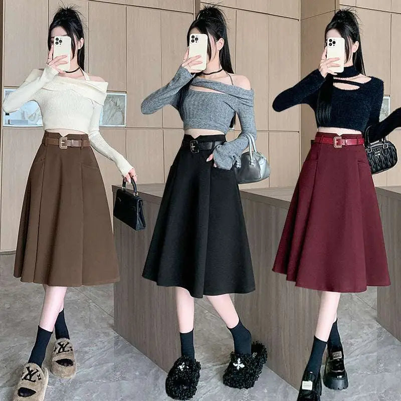 High Waist Woolen Umbrella Skirt with Belt