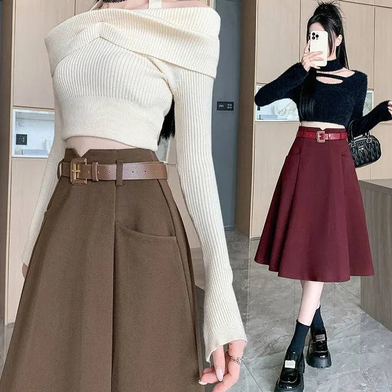 High Waist Woolen Umbrella Skirt with Belt
