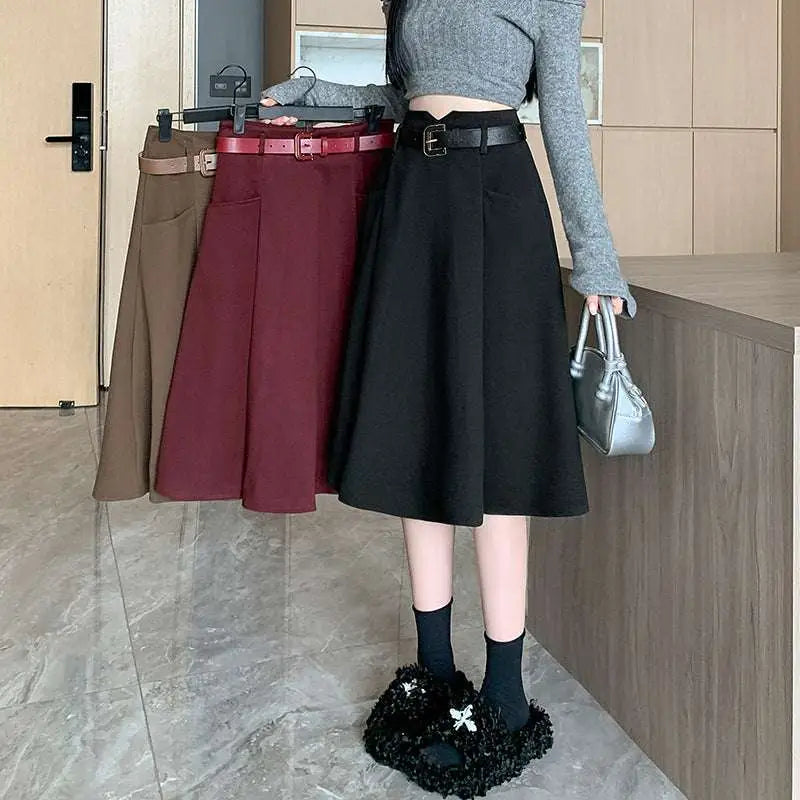 High Waist Woolen Umbrella Skirt with Belt