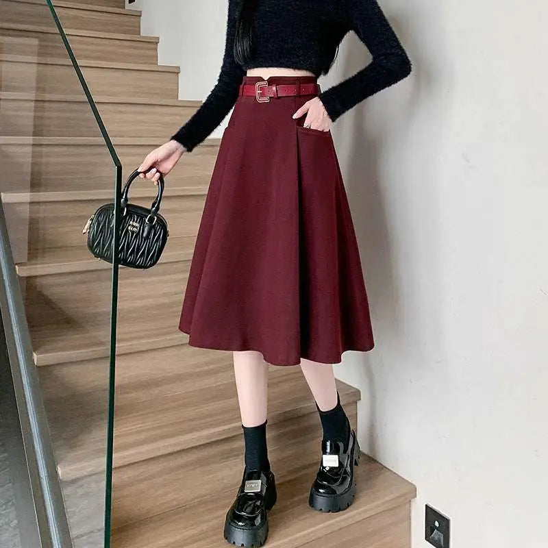High Waist Woolen Umbrella Skirt with Belt