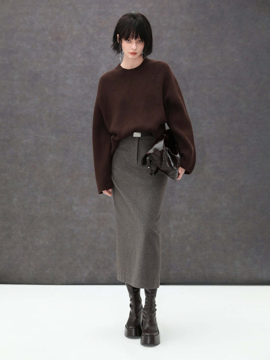 High-waisted Modern Charcoal Midi Skirt for Winter-0