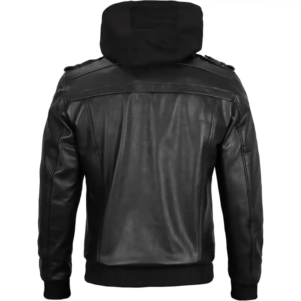 Men’s Hooded Genuine Black Leather Bomber Jacket-1