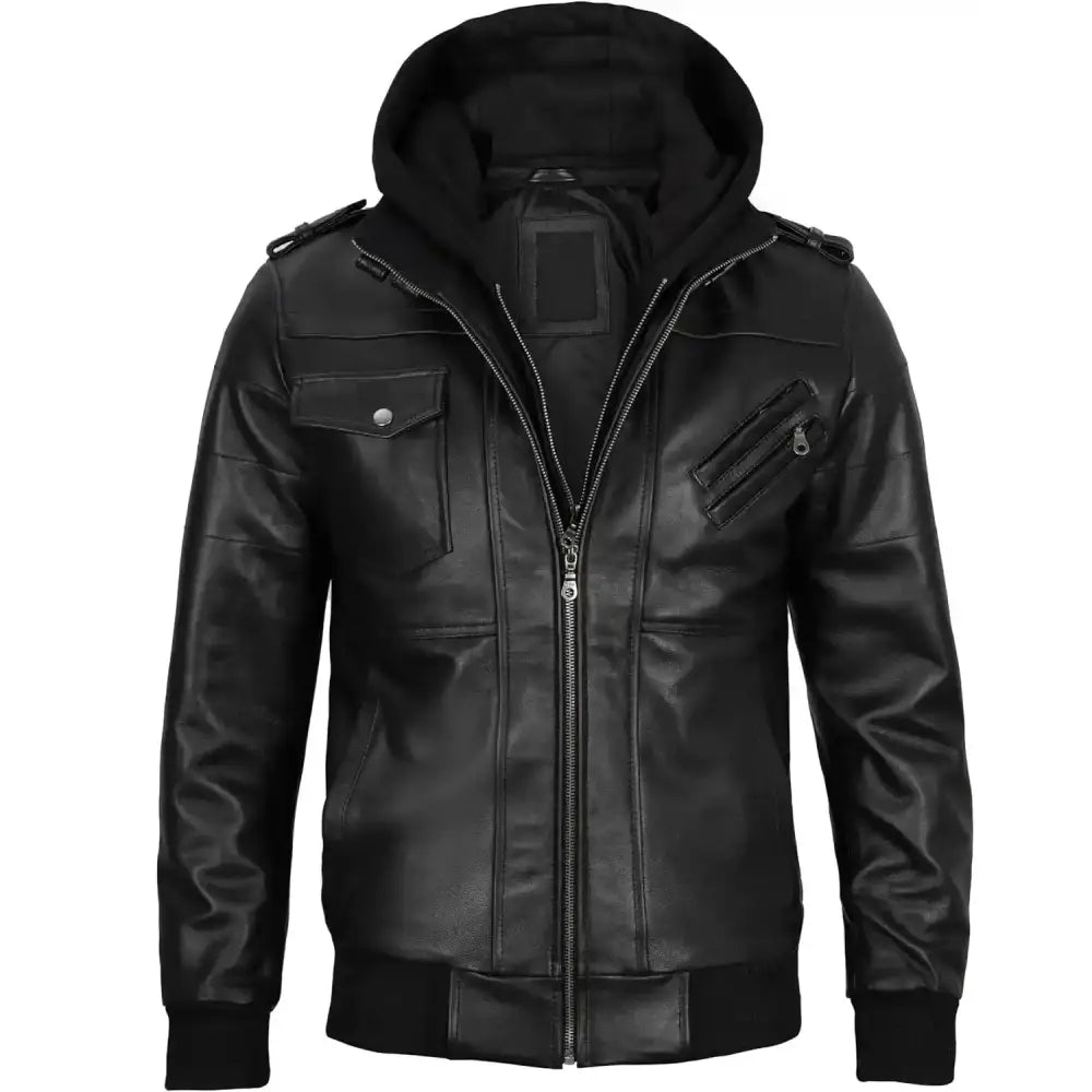 Men’s Hooded Genuine Black Leather Bomber Jacket-0