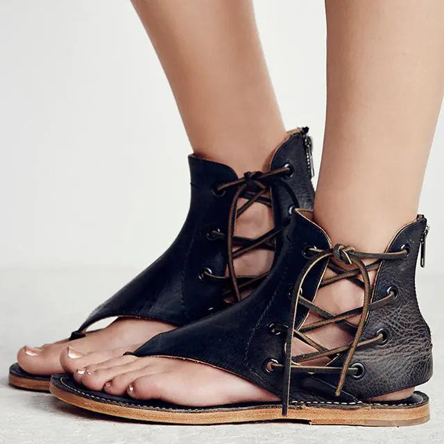 Flat Lace-up Women's Shoes, Zip Beach Sandals, Versatile Roman Shoes