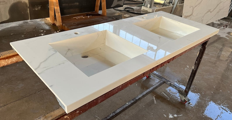 Calacatta Lincoln Porcelain Double Sink Integrated Countertop - Polished Finish Engineered