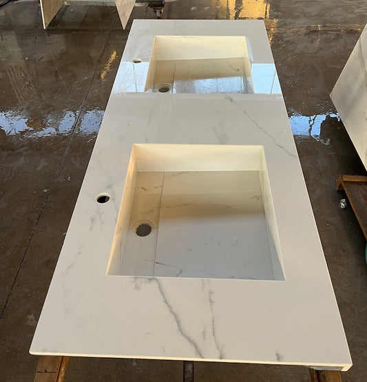 Calacatta Lincoln Porcelain Double Sink Integrated Countertop - Polished Finish Engineered