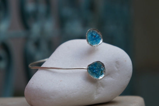 Nautical Silver Cuff Bracelet, Limpet Shell with Raw Blue Murano Glass (Adjustable)-0