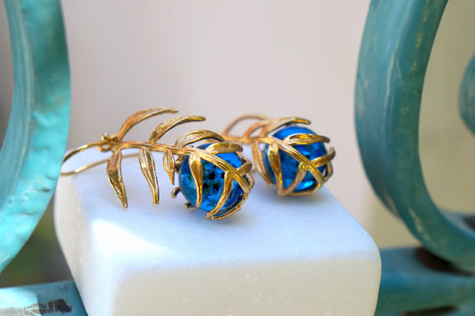 Araucaria Leaf Earrings, Gold-Plated Sterling Silver with Blue Murano Glass, Gift for Her, Birthday Gift for Women, Handmade Jewelry-0