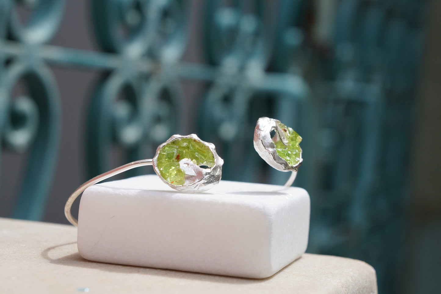 Green Murano Glass Bracelet: Sterling Silver, Adjustable Cuff-1