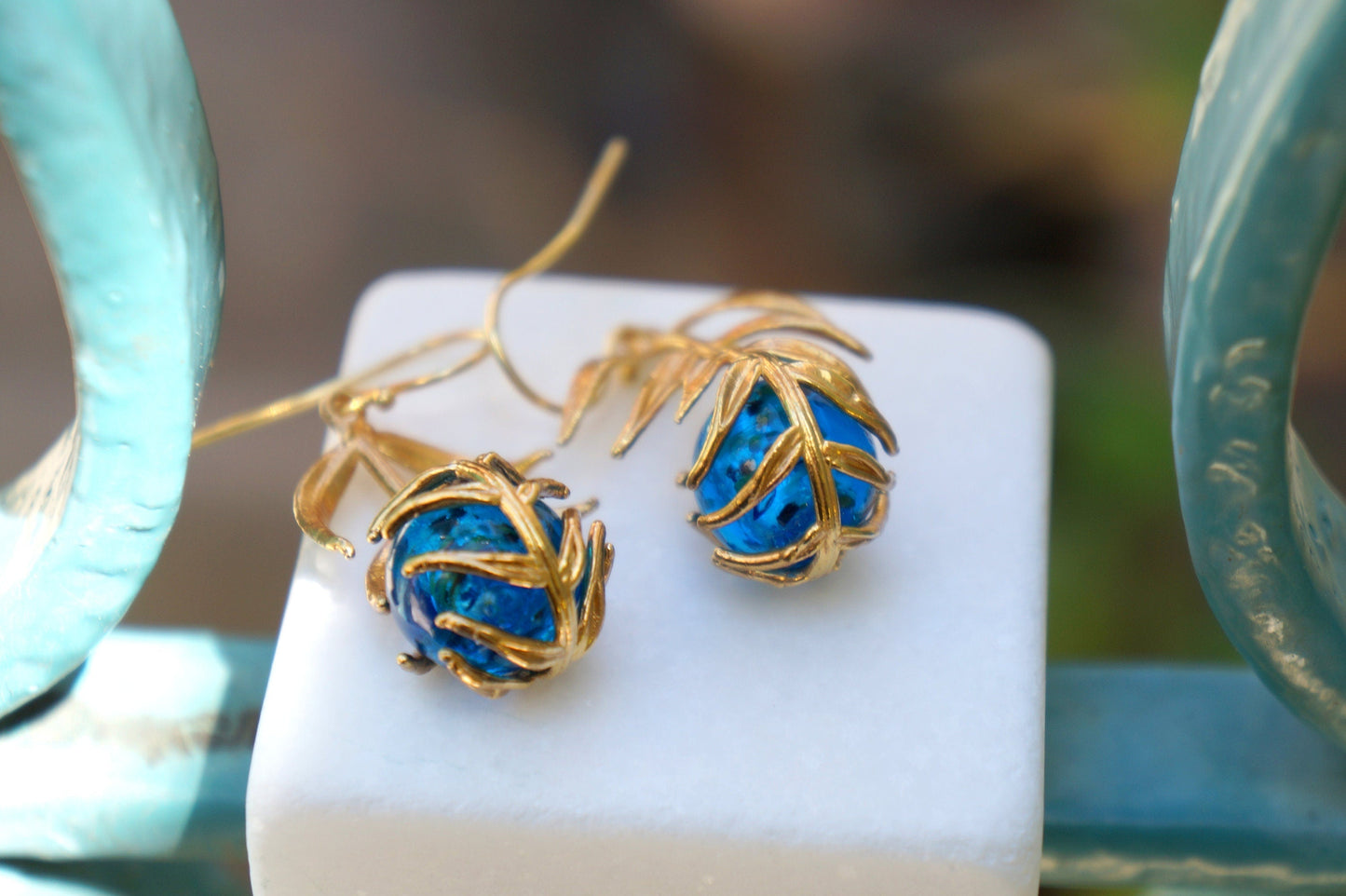 Araucaria Leaf Earrings, Gold-Plated Sterling Silver with Blue Murano Glass, Gift for Her, Birthday Gift for Women, Handmade Jewelry-2