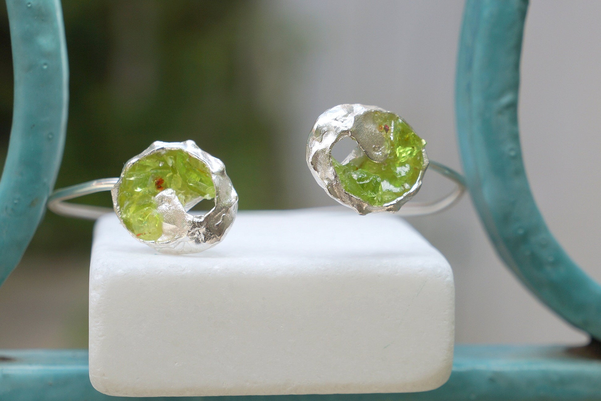 Green Murano Glass Bracelet: Sterling Silver, Adjustable Cuff-2