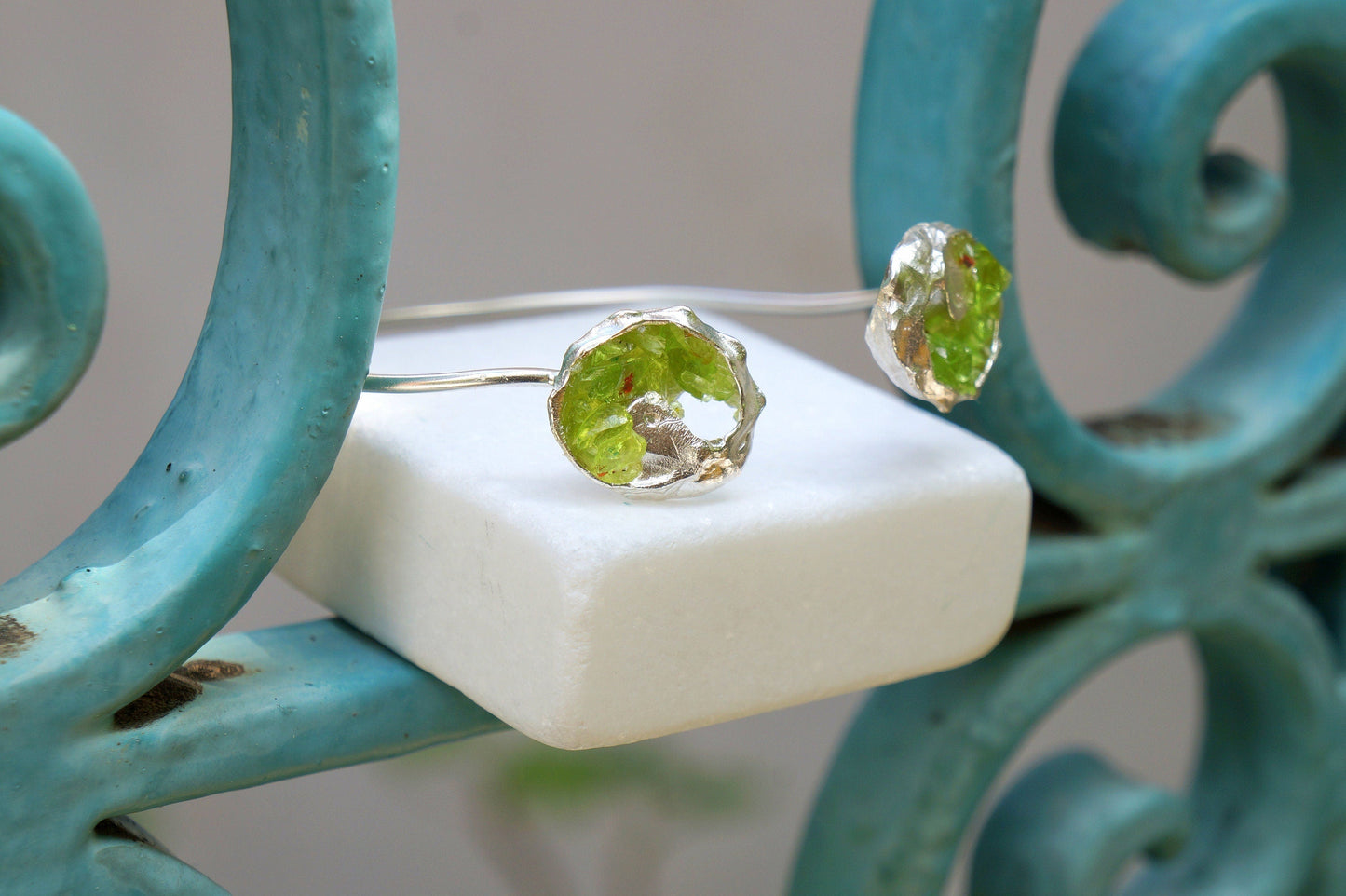 Green Murano Glass Bracelet: Sterling Silver, Adjustable Cuff-3