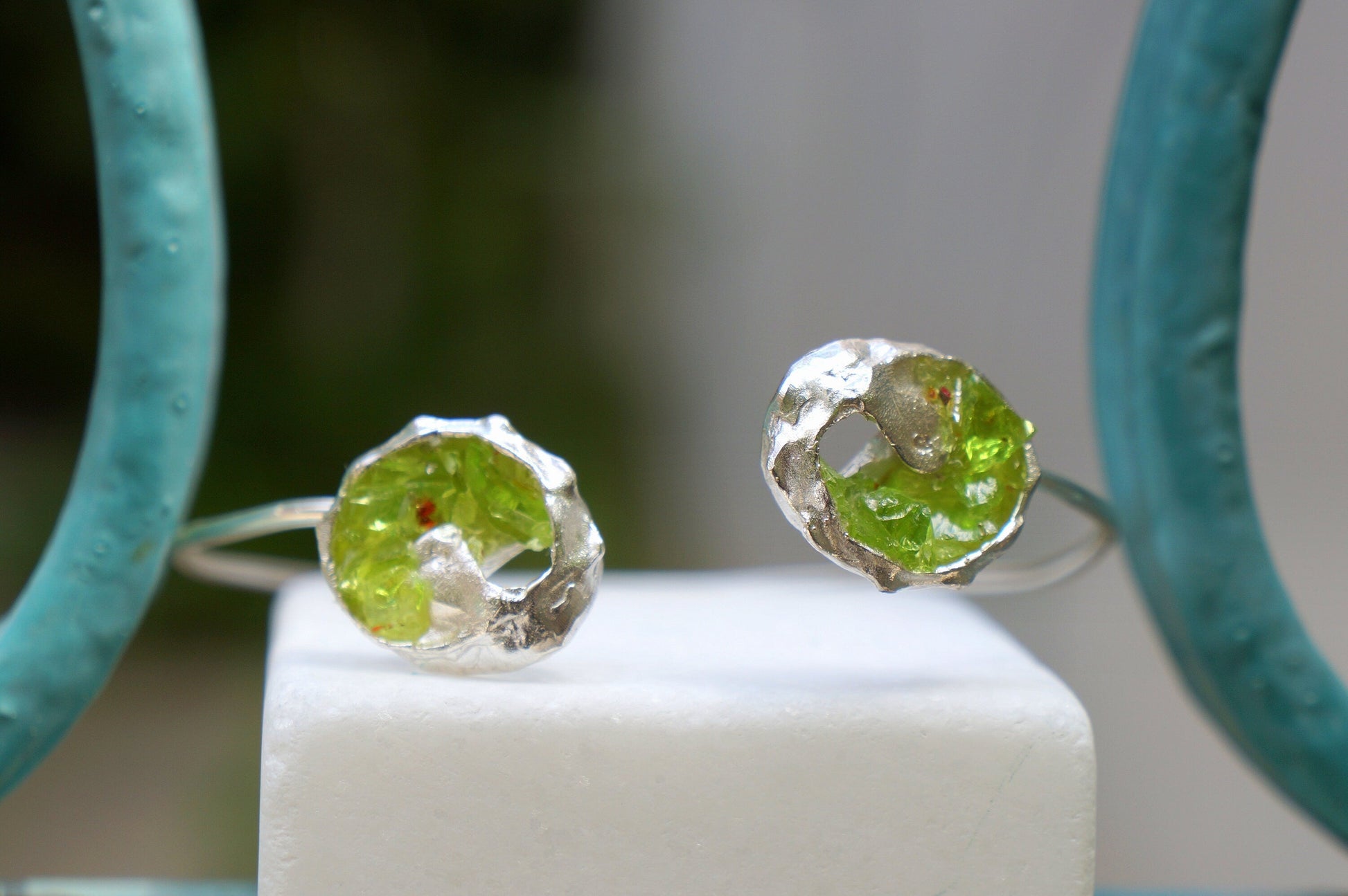 Green Murano Glass Bracelet: Sterling Silver, Adjustable Cuff-0