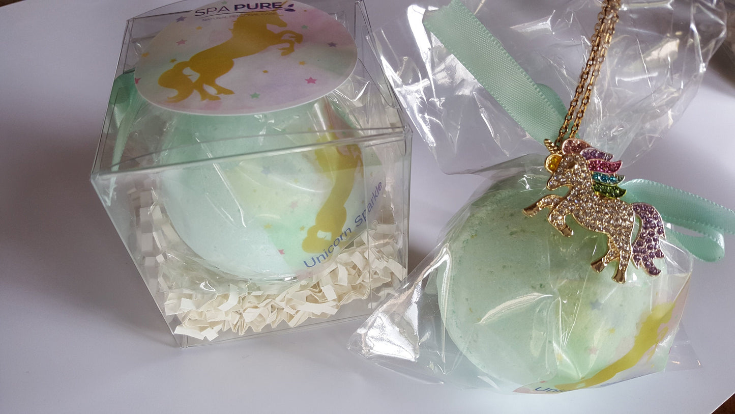 Crystal Unicorn Bath Bomb for Girls with Crystal Necklace gift, Surprise Glitter Ring, Gift Idea, Back to School, Rhinestones, rainbow