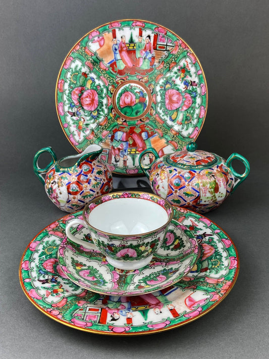 Vintage Asian Tea Set: Hand-Painted Serving Dishes, Hong Kong