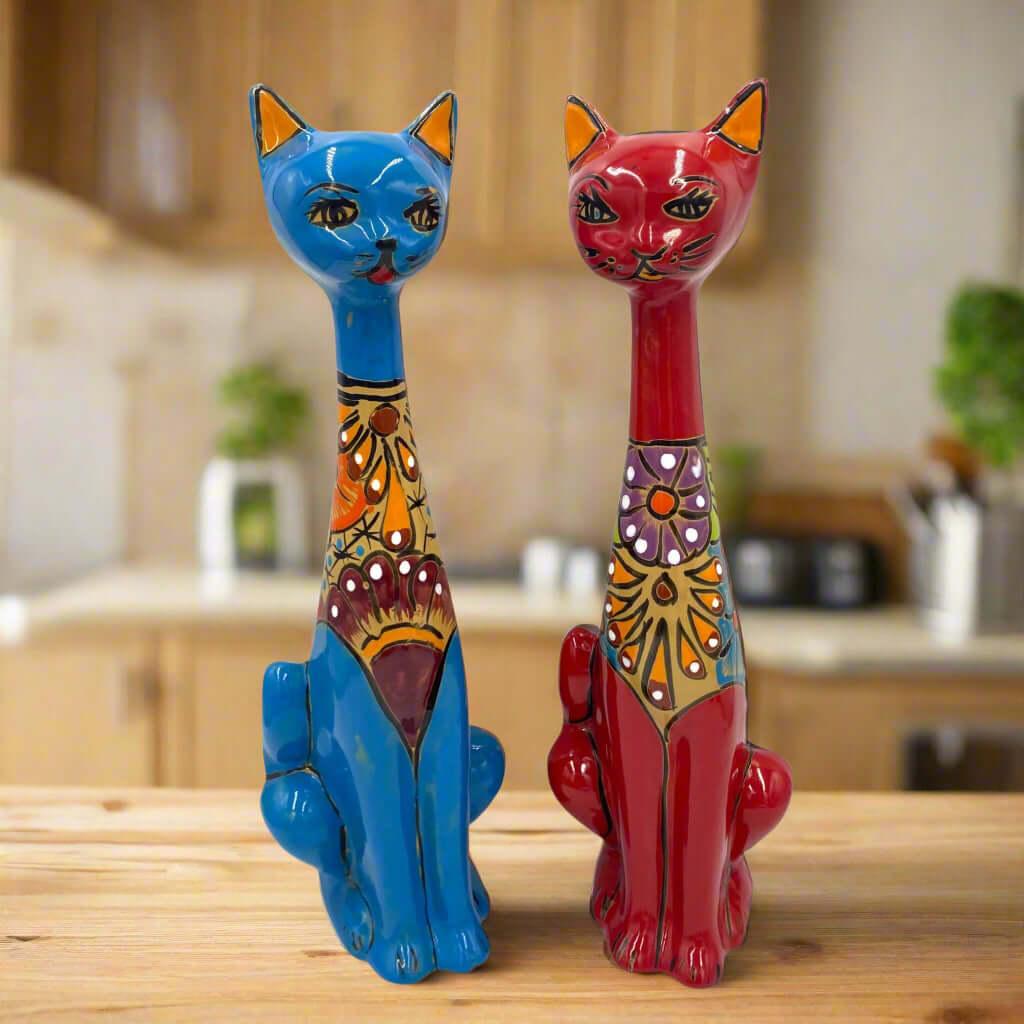 Mexican Handmade Talavera Cat Statue | Cultural Artwork (19.5" Tall)