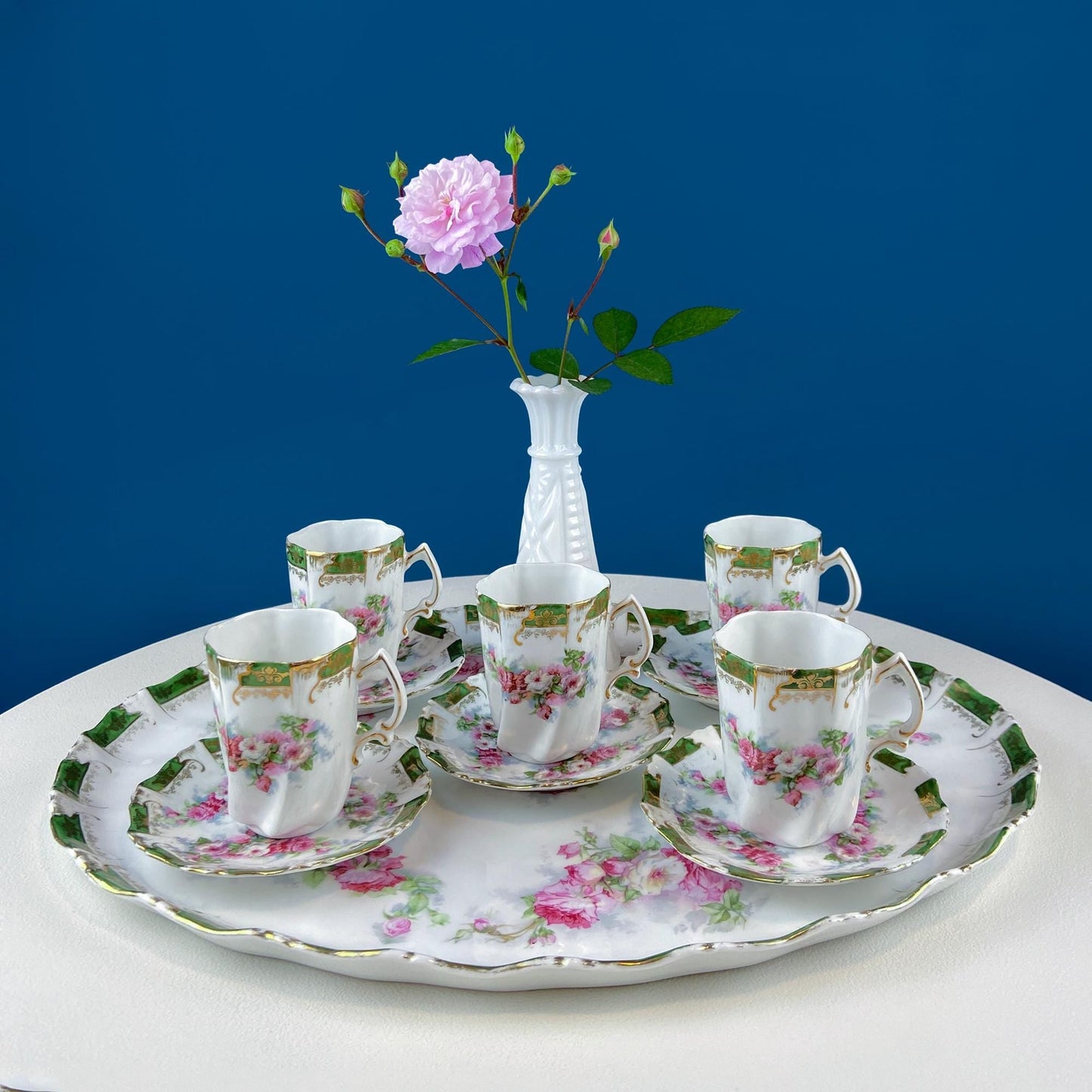 Antique Hot Chocolate or Coco Serving Set. Wild Roses Motif. Oval Hand-Painted Tray & Five Matching Cups. Anniversary Gift. Gift for Mom.
