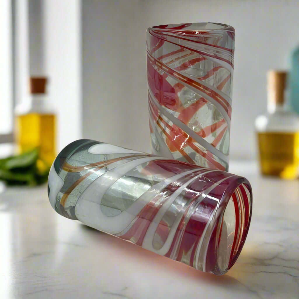 Festive Hand Blown Colorful Tumbler Glass | Red & White Candy Cane Design