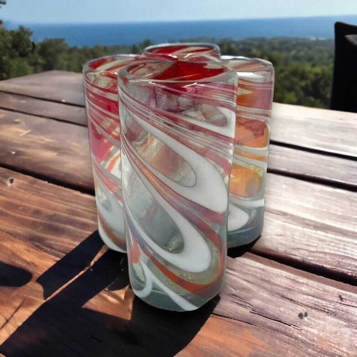 Festive Hand Blown Colorful Tumbler Glass | Red & White Candy Cane Design