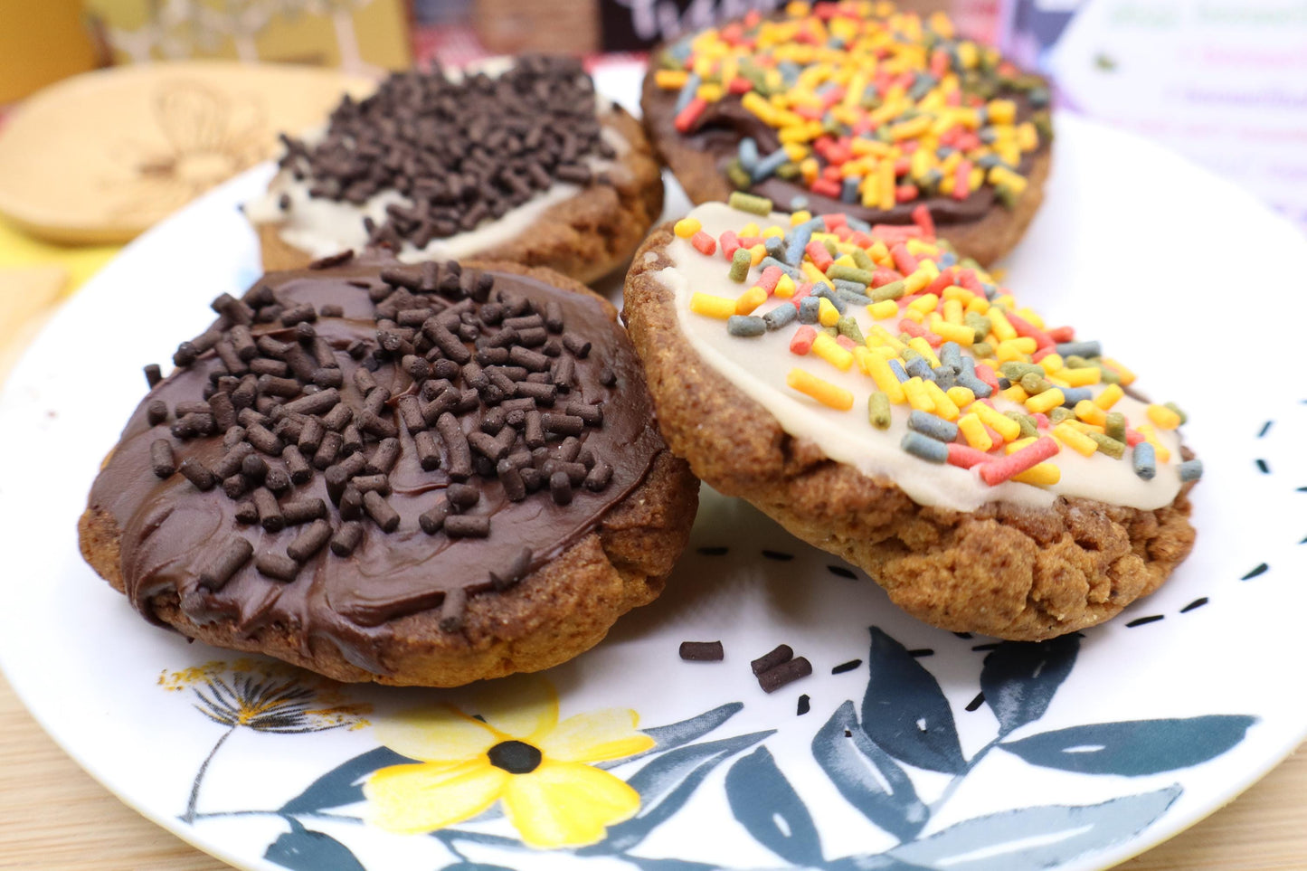 High Protein Sprinkled Cookies, Iced, Sugar Free, Vegan, Gluten Free, Dairy Free, Nut Free, Allergy Friendly, Fitness Gifts, Low Carb snack