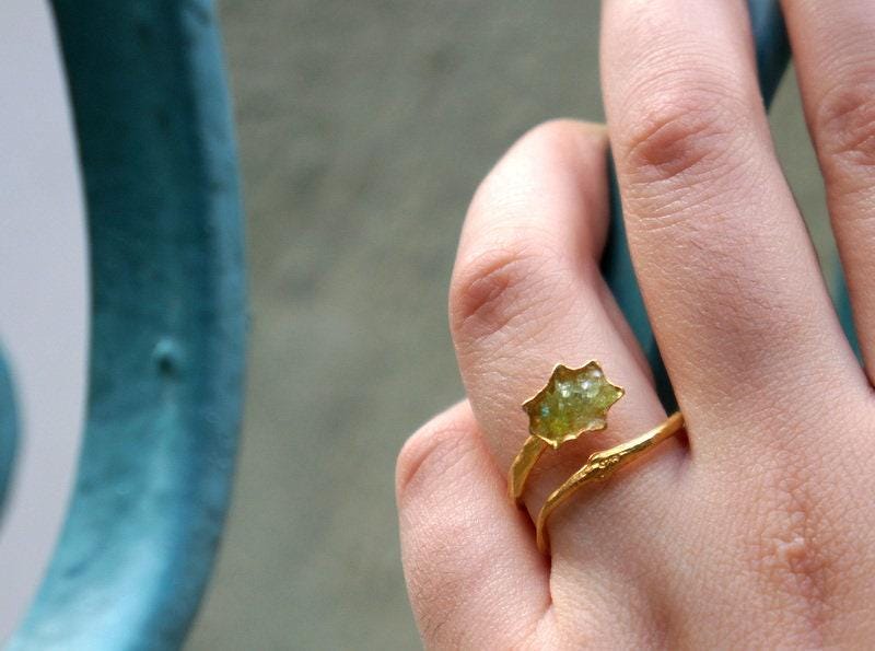 Sea Shell Ring, Sterling Silver with Green Murano Glass, Gold-Plated Eco Jewelry-0