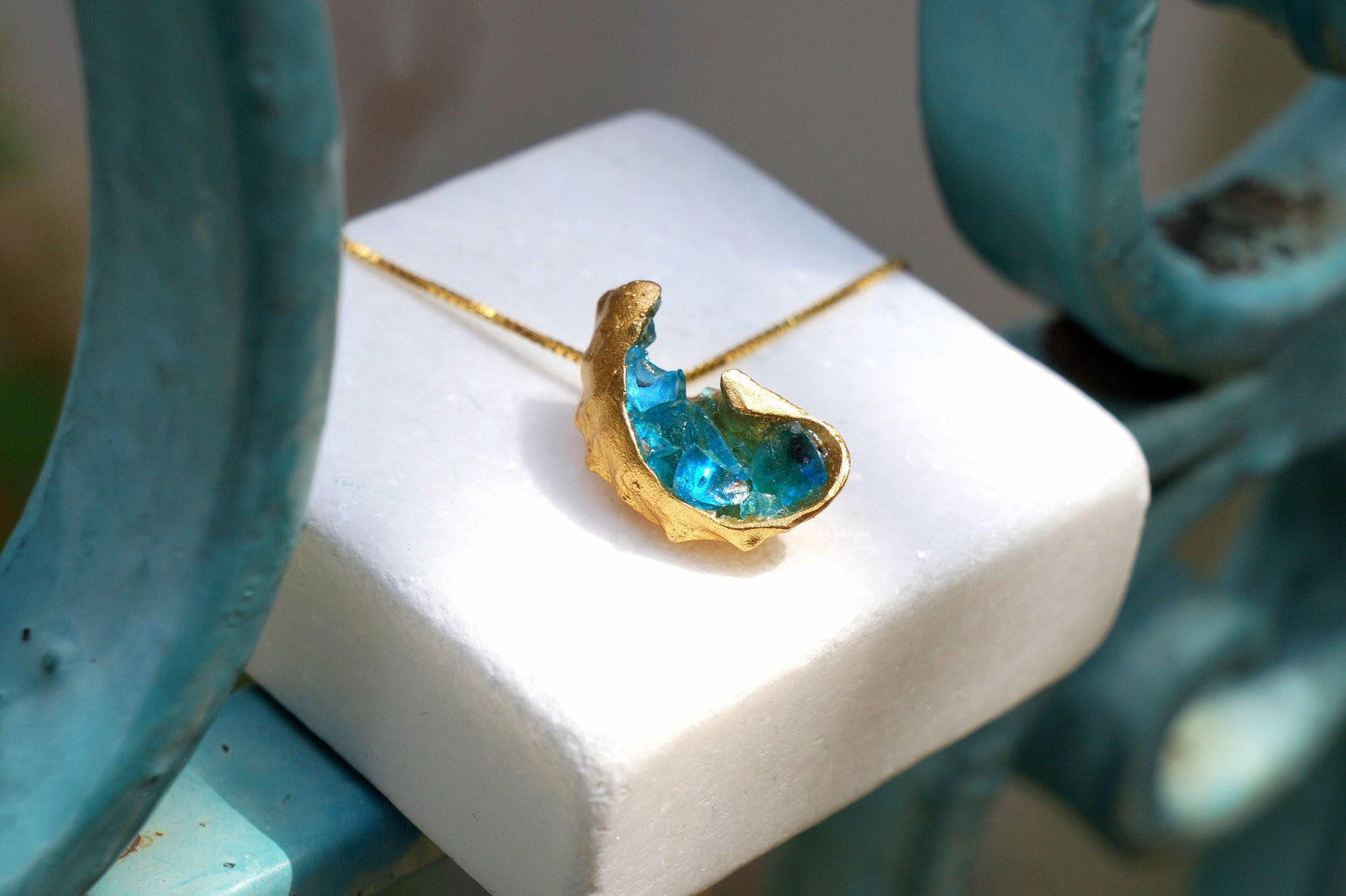 Gold Sea Shell Necklace with Blue Murano Glass, Gold-Plated Sterling Silver Jewelry, Gold Pendant, Gift for Her, Birthday Gift for Women-0