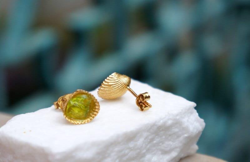 Shell Stud Earrings: Green Murano Stone, 14k Gold Plated Silver-0