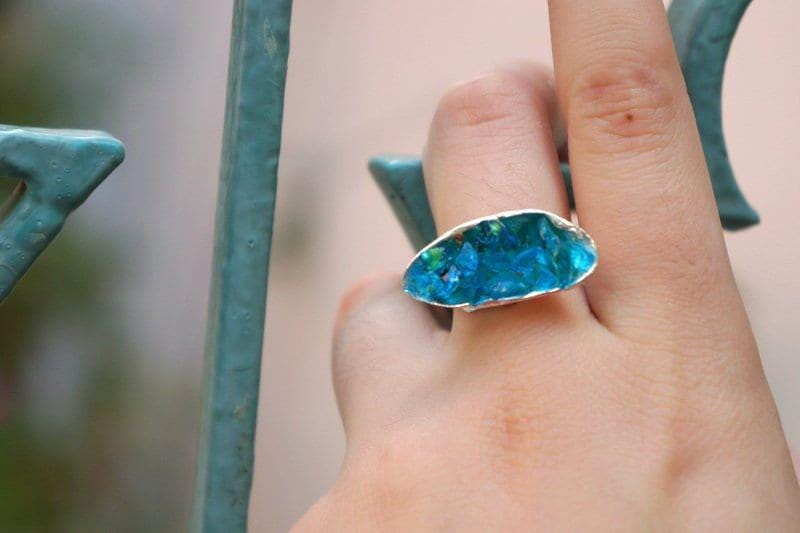 Nature-Inspired Mussel Shell Ring, Sterling Silver, Blue Murano Glass (Sizes 6-9)-0