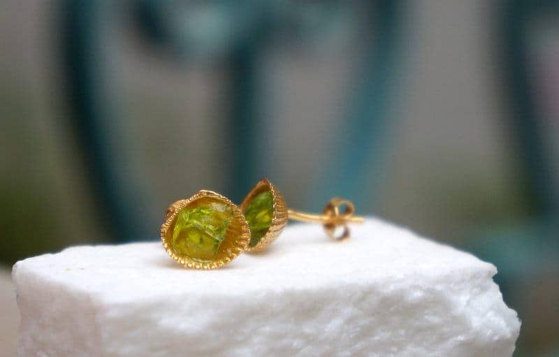 Shell Stud Earrings: Green Murano Stone, 14k Gold Plated Silver-2