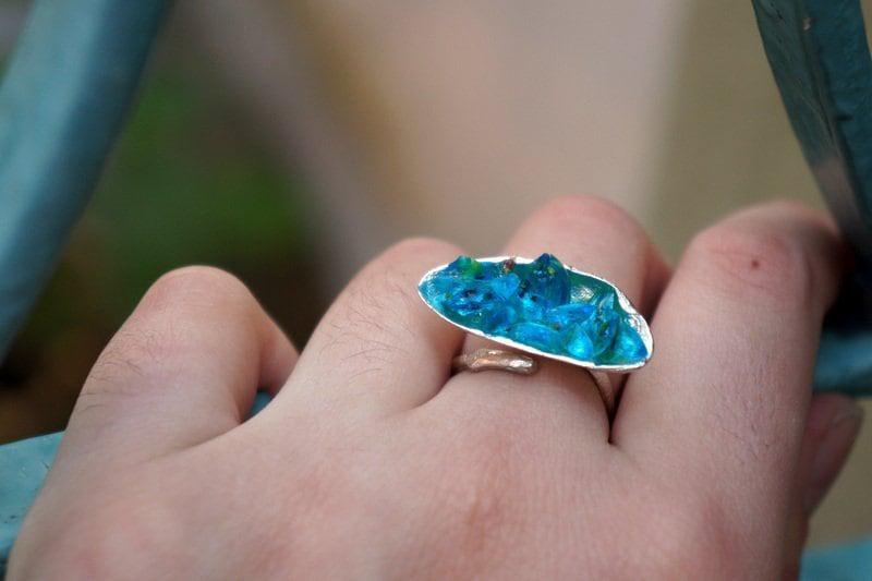 Nature-Inspired Mussel Shell Ring, Sterling Silver, Blue Murano Glass (Sizes 6-9)-1
