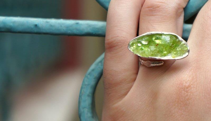 Big Nature Ring for Women - Recycled Silver, Green Murano Glass-1