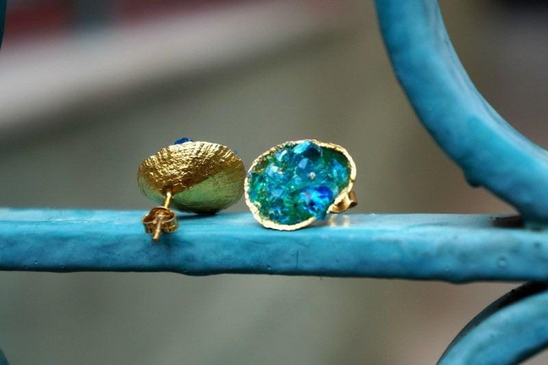 Turquoise Murano Glass Earrings, Silver Shell Studs (Handmade)-1