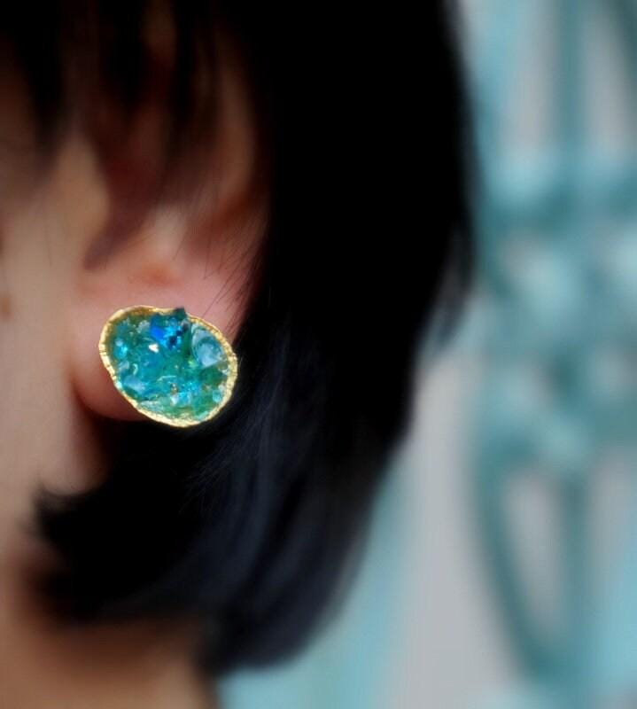 Turquoise Murano Glass Earrings, Silver Shell Studs (Handmade)-2