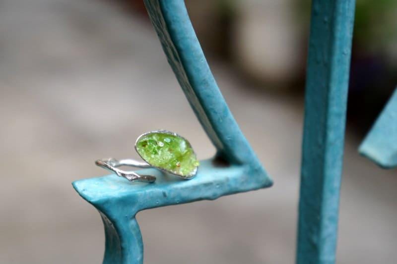 Big Nature Ring for Women - Recycled Silver, Green Murano Glass-3