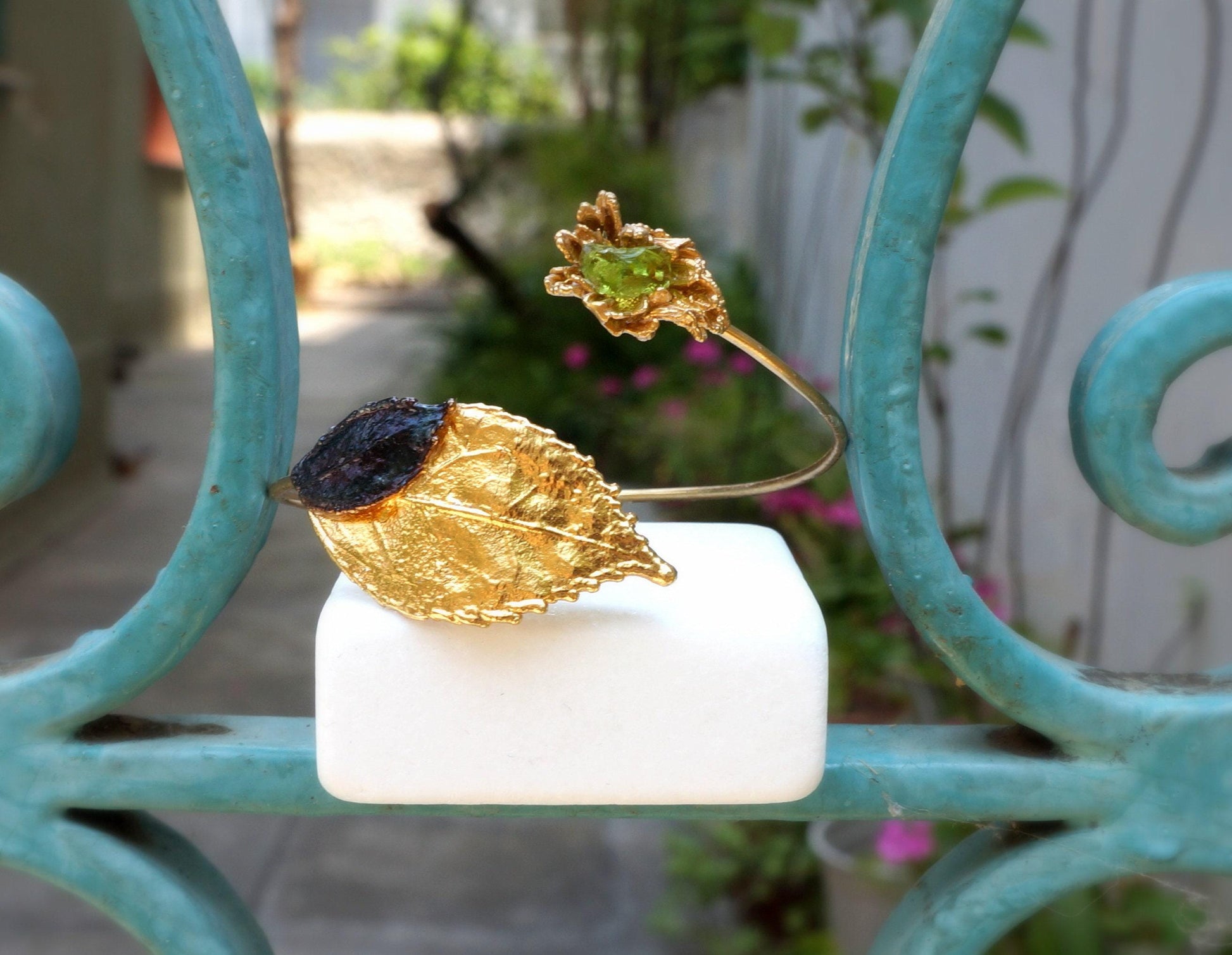 Gold Leaf Cuff Bracelet - Real Flowers with Green Murano Stone-0