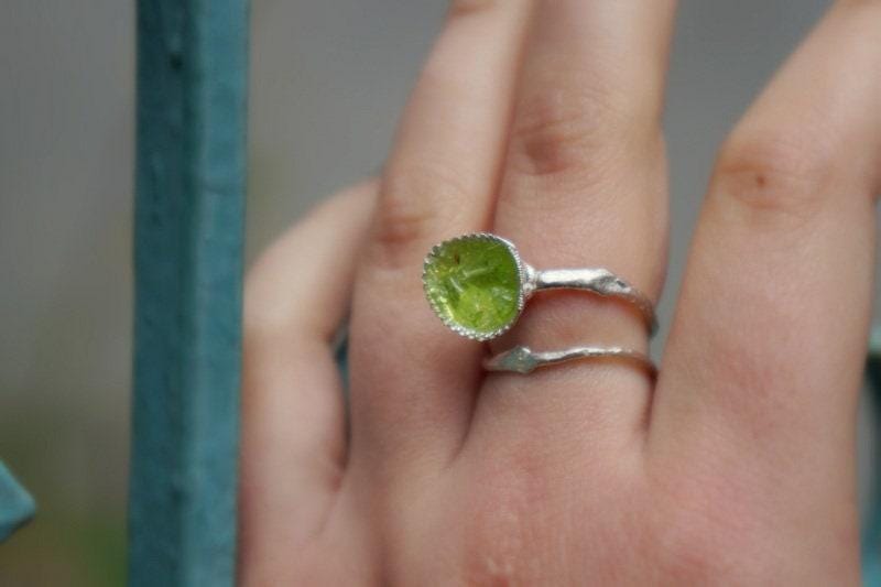 Nature Jewelry Sterling Silver Ring, Green Murano Glass (Adjustable Sizes)-0