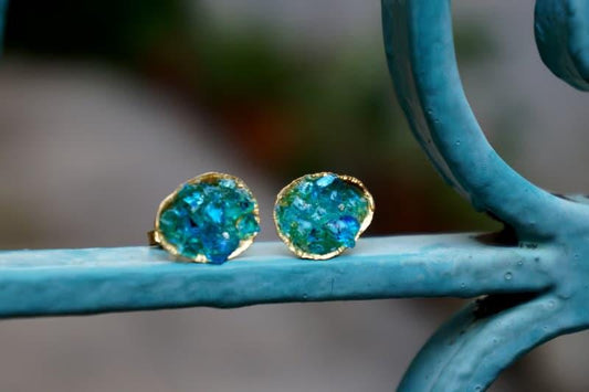 Turquoise Murano Glass Earrings, Silver Shell Studs (Handmade)-0