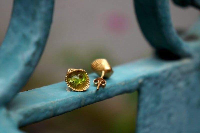Shell Stud Earrings: Green Murano Stone, 14k Gold Plated Silver-1