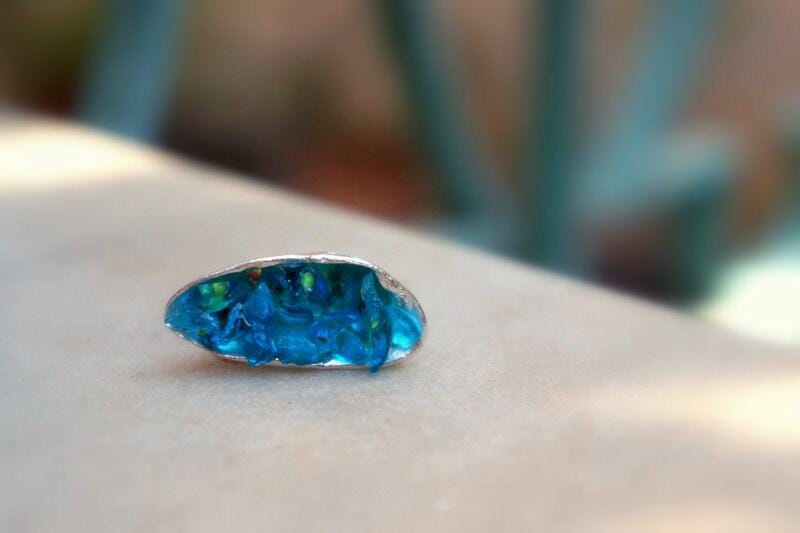 Nature-Inspired Mussel Shell Ring, Sterling Silver, Blue Murano Glass (Sizes 6-9)-2