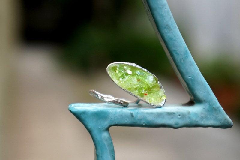 Big Nature Ring for Women - Recycled Silver, Green Murano Glass-2