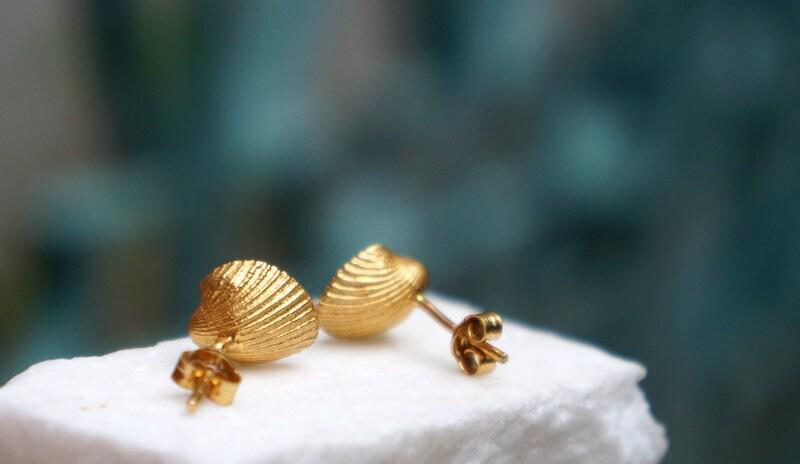 Shell Stud Earrings: Green Murano Stone, 14k Gold Plated Silver-3