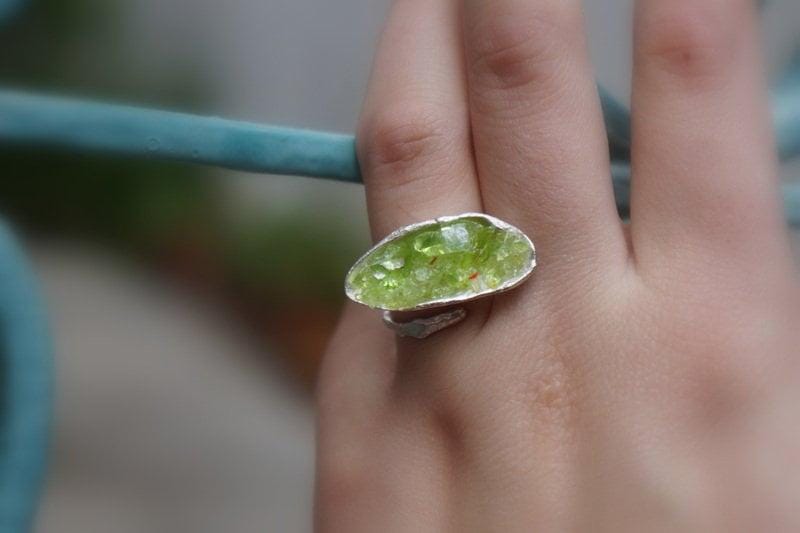 Big Nature Ring for Women - Recycled Silver, Green Murano Glass-4