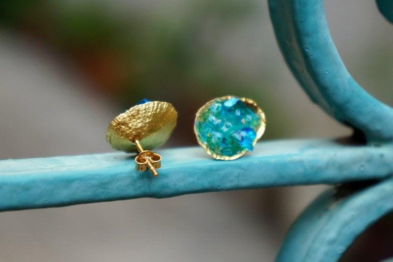 Turquoise Murano Glass Earrings, Silver Shell Studs (Handmade)-3